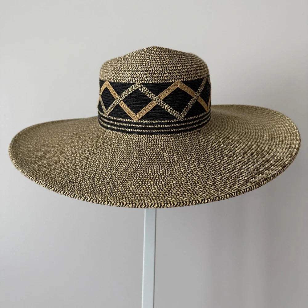 Karen Keith OS Black Tan Straw Wide Brim Sun Hat Geo Band Summer Beach Chic